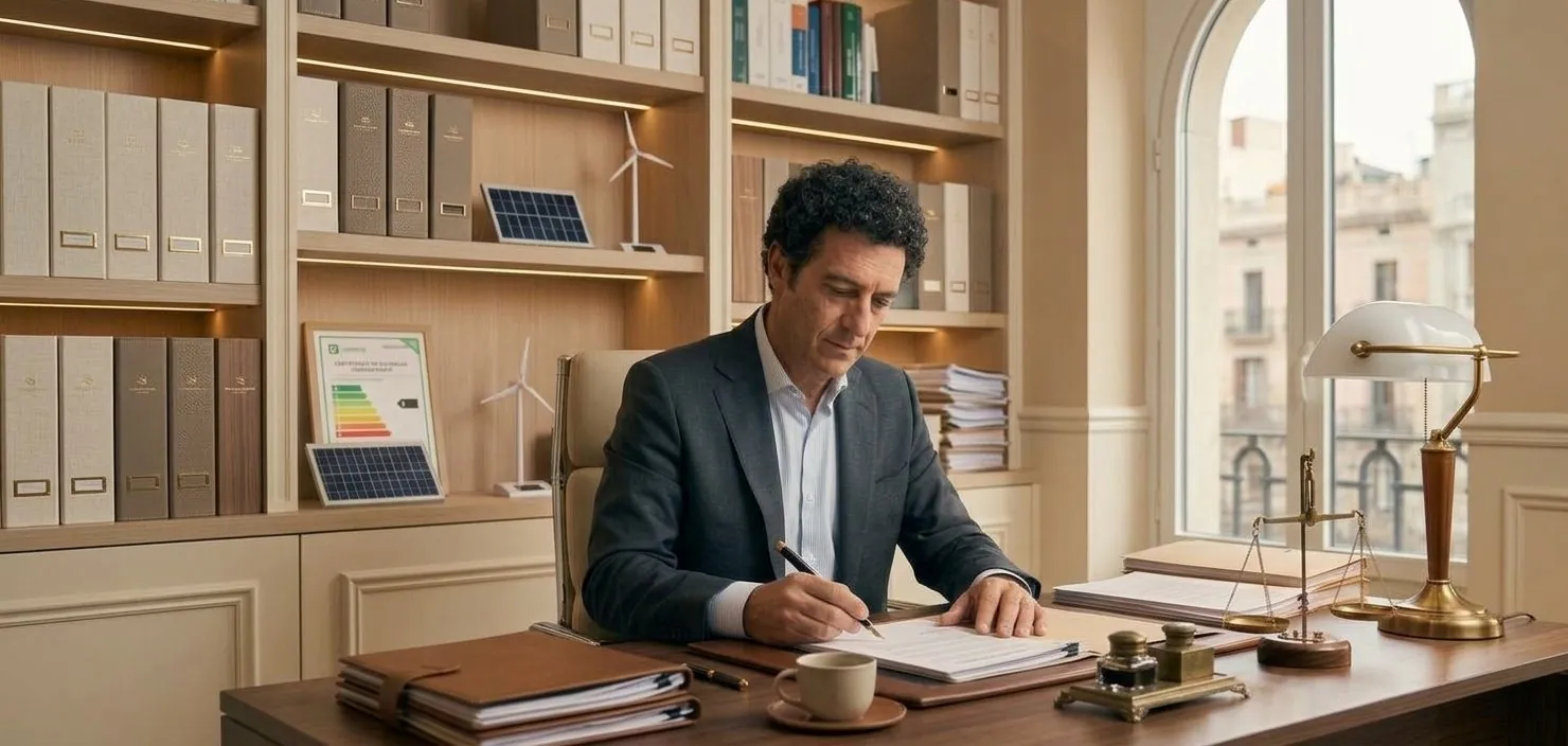 El titular firmando documentación en su despacho, con balanza de la justicia y maquetas de aerogenerador y placas solares en la estantería
